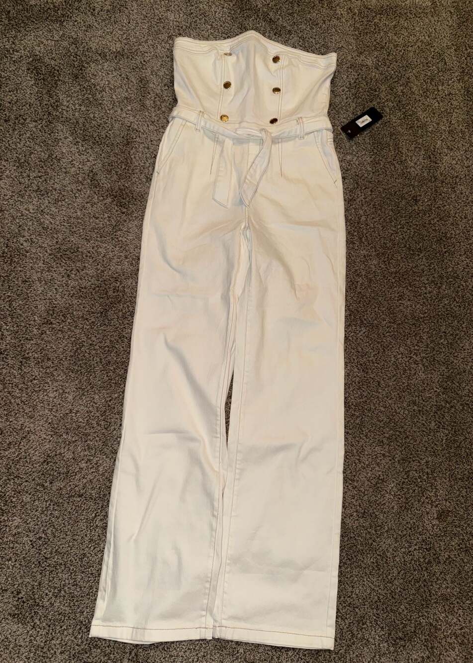bebe Strapless Double Breasted Denim Jumpsuit in Soft White